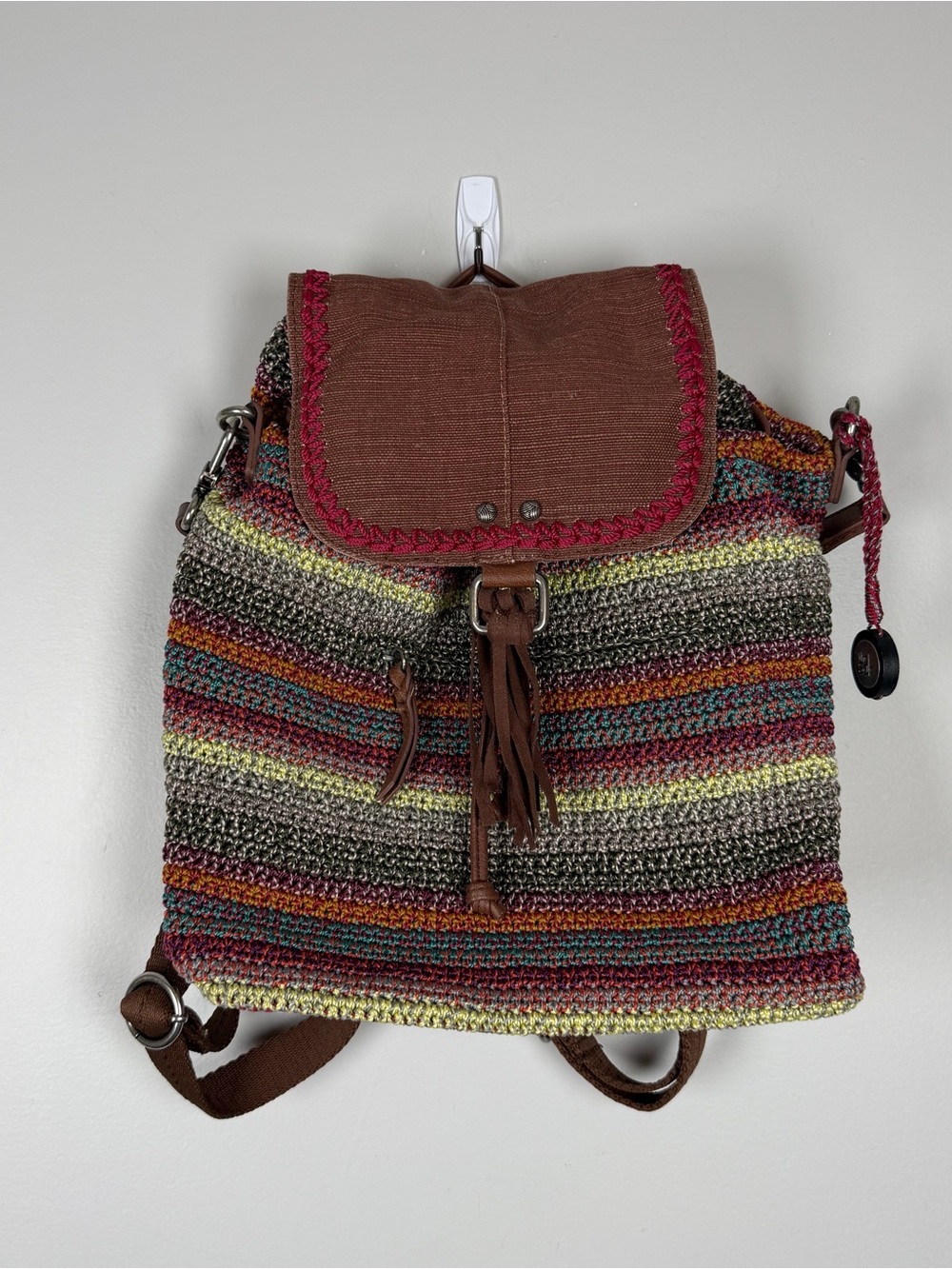 The Sak Avalon Crochet Convertible Backpack Bag Hobo Gypsy Stripe Boho Artsy